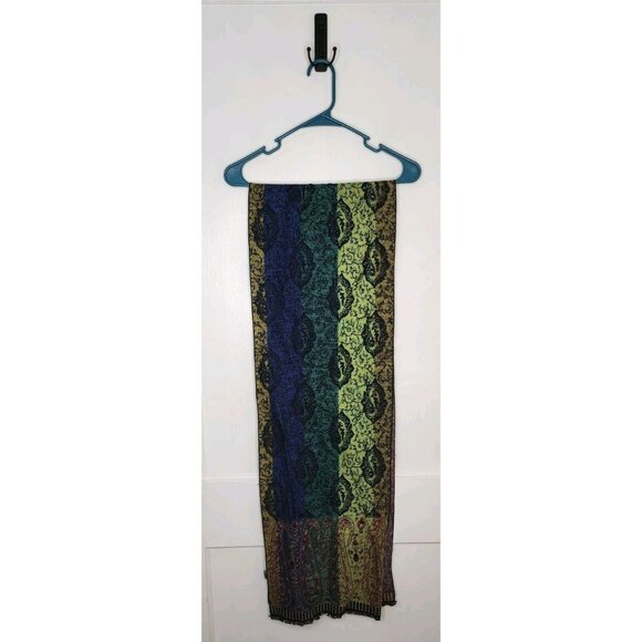 100% Cashmere Winter Scarf Blue Green Multicolor Fringe Reversible Soft - Picture 1 of 5